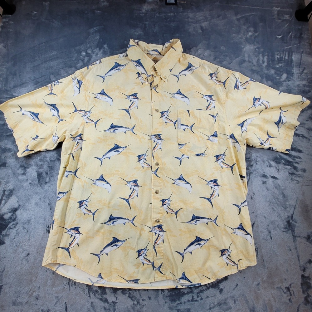 Columbia Sportswear Mens XL Yellow Marlin Fish Print Cotton Button Down Shirt